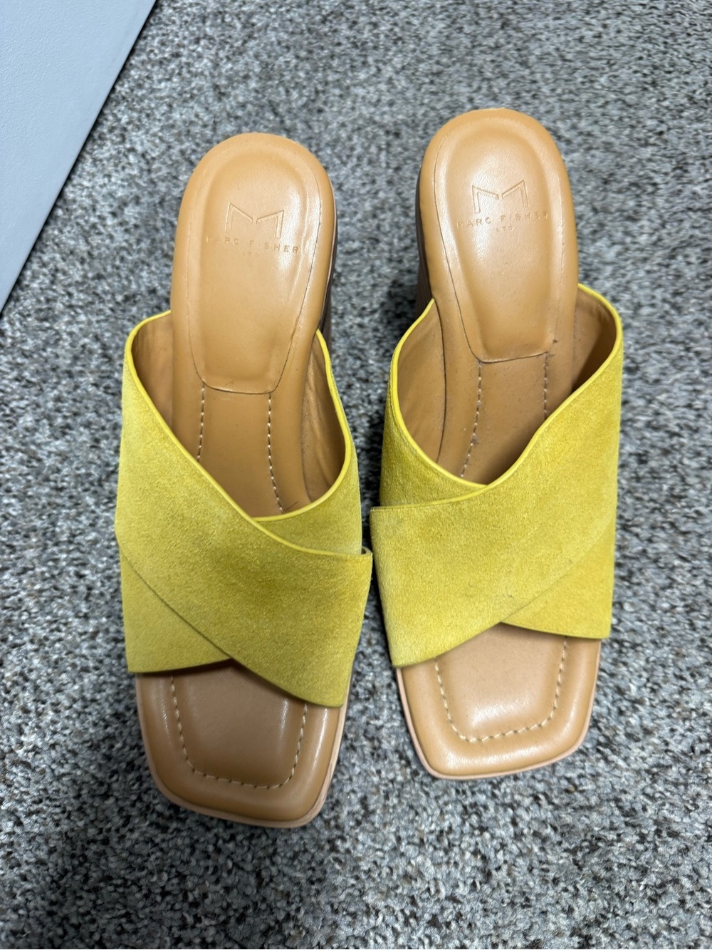 Never Worn! Marc Fisher Crisscross Yellow Suede Slide Mules